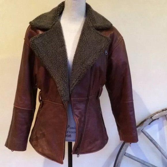 HURRICANE COLLECTION Gray Shearling & Brown Glove Soft Genuine Leather Jacket - Picture 11 of 11